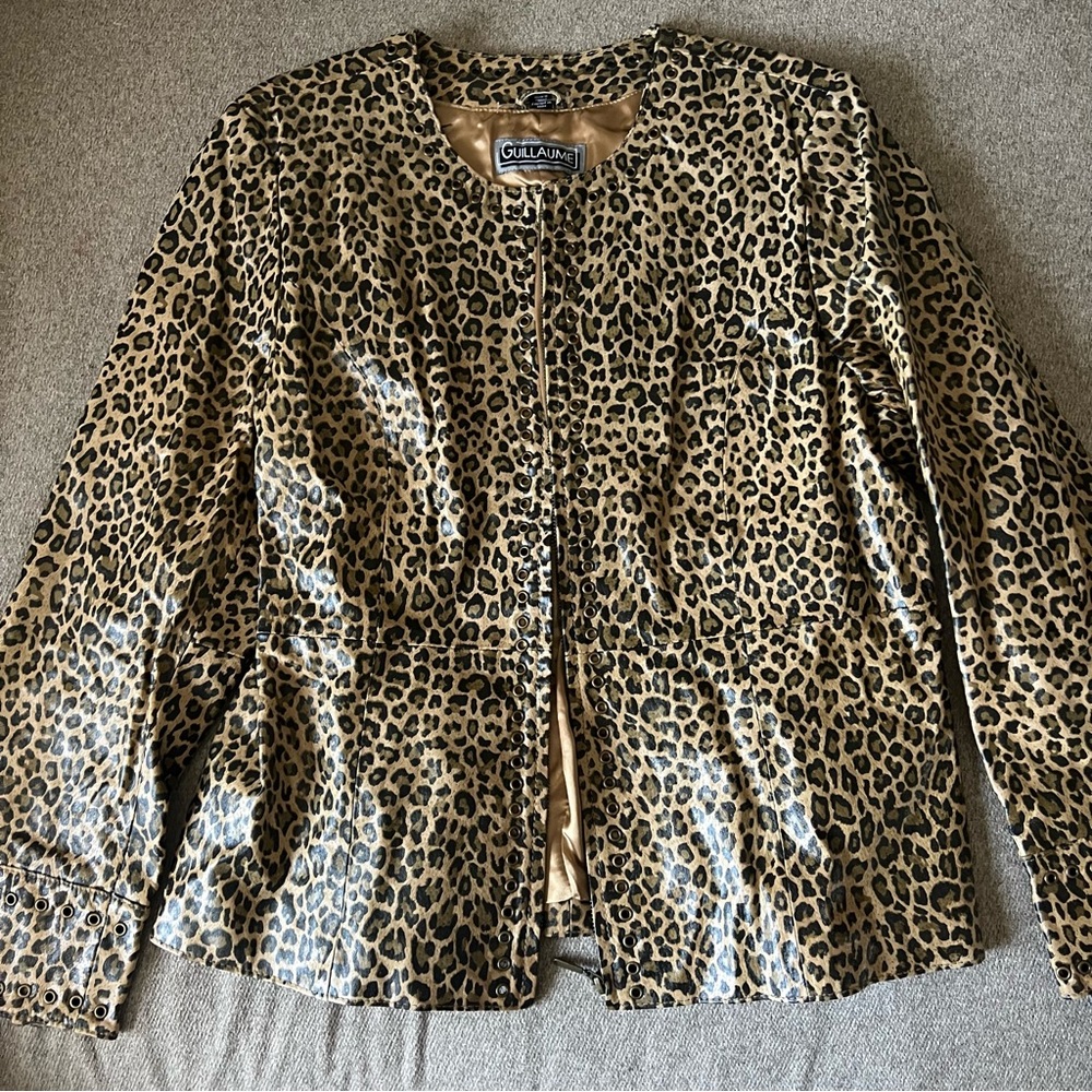 Guillaume Leather Leopard Animal Print Zip-up Mandarin Collar Jacket Coat M